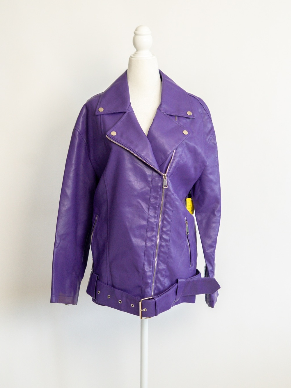 AKIRA Purple Leather Moto Jacket with Belted Hem